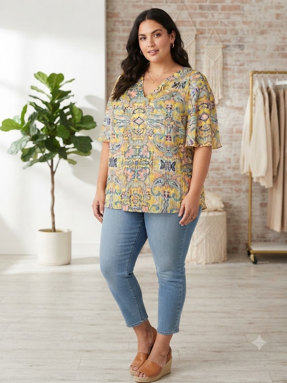 belle sky Yellow Multi Floral V-Neck Flutter Sleeve Tunic